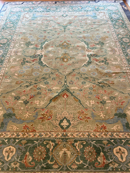 Indian Mohal Rug, 9' x 11'10", in beige, green, hunter green and red