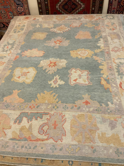Turkish Oushak Rug, 9' x 11', in baby blue, beige, gold and salmon