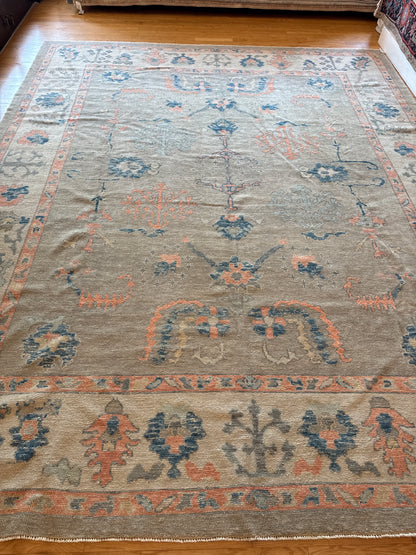 Turkish Oushak Rug, 11'3" x 13'9", in blue, cream, peach and pink