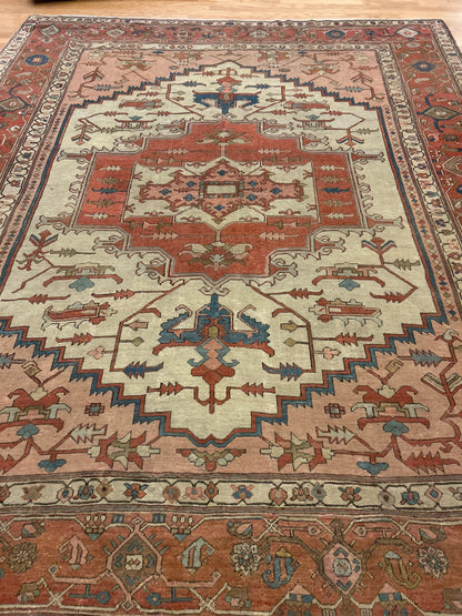 Antique Persian Serapi Rug, 9'7" x 11'8", in blue, ivory, rust and salmon