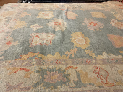 Turkish Oushak Rug, 9' x 11', in baby blue, beige, gold and salmon - photo 2