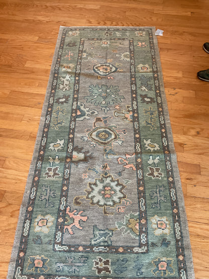 Turkish Oushak Runner, 3'3" x 7'6", in brown, green, grey and peach