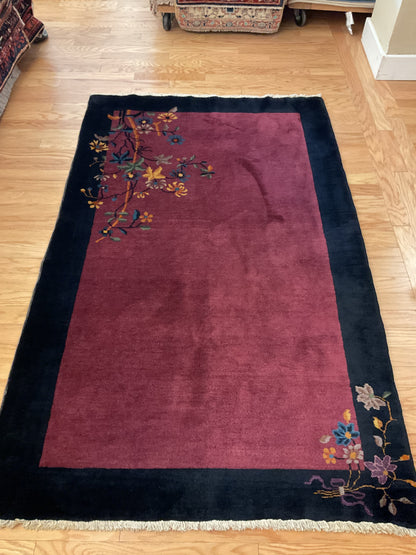 Antique Sino Chinese Walter Nichols Rug, 4'2" x 6'8", in gold, navy and raspberry