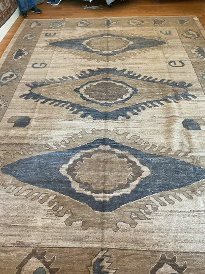 Turkish Oushak Rug, 9'11" x 14', in beige, brown and navy