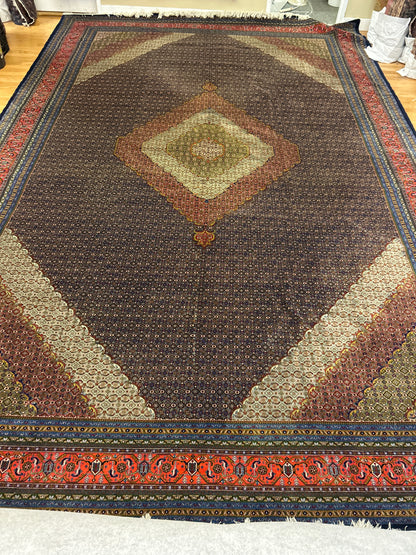 Persian Tabriz Rug with Silk, 13' x 19', in beige, brown, navy and rust