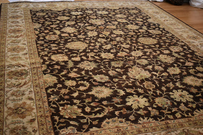 Indian Peshawar Rug, 9'11" x 14'2", in brown, cocoa, gold and khaki