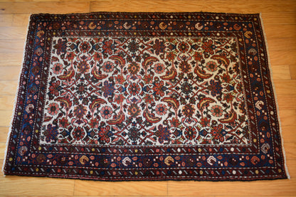Antique Persian Hamadan Rug, 2'9" x 4', in ivory, navy, red and rust