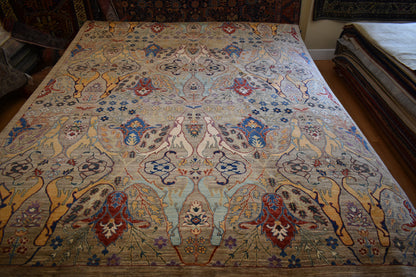 Persian Afghan Bidjar Rug, 8'11" x 11'11", in grey, khaki, purple and red