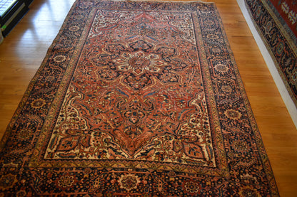 Vintage Persian Heriz Rug, 8'3" x 11', in baby blue, brick, ivory and navy