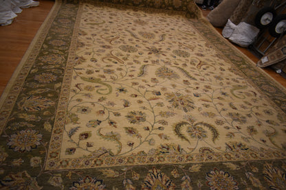 Indian Peshawar Rug, 12' x 18', in beige, cream and green