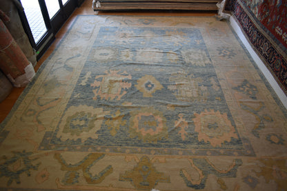 Turkish Oushak Rug, 11'11" x 15'1", in baby blue, peach and teal