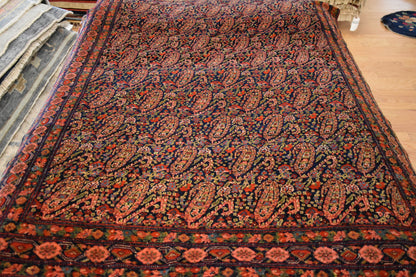 Antique Persian Senneh Rug, 4'6" x 6'10", in green, navy, pink and red