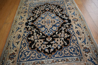 Vintage Persian Nain Rug with Silk, 2'7" x 4'2", in blue, ivory and navy