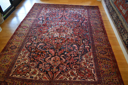 Vintage Persian Heriz Rug, 9'5" x 12'8", in brick, ivory, navy and yellow - photo 5