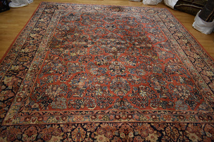 Antique Persian Sarouk Rug, 12' x 14', in baby blue, blue, gold and navy