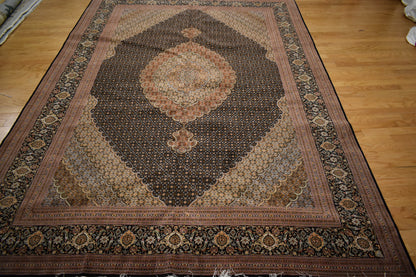 Vintage Persian Tabriz Rug, 8'3" x 11'6", in ivory, navy, pink and pistachio