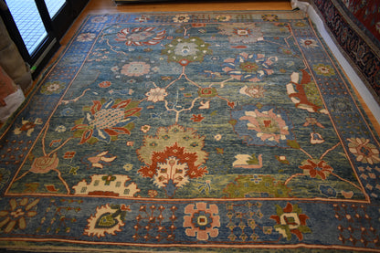 Turkish Oushak Rug, 12' x 13'1", in blue, brick, green and pink