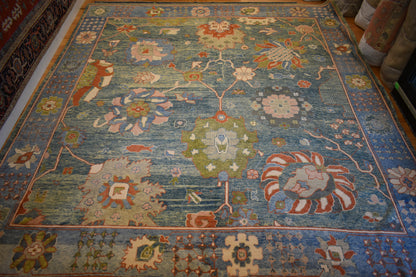 Turkish Oushak Rug, 12' x 13'1", in blue, brick, green and pink - photo 2