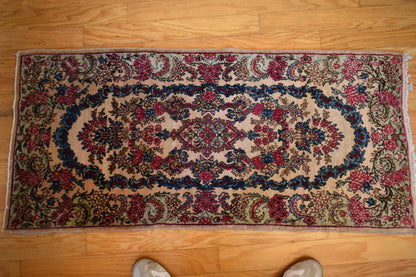 Antique Persian Kerman Rug, 1'11" x 4'2", in blue, green, ivory and pink