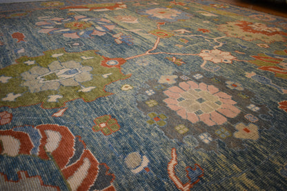 Turkish Oushak Rug, 12' x 13'1", in blue, brick, green and pink - photo 5