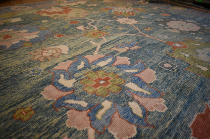 Turkish Oushak Rug, 12' x 13'1", in blue, brick, green and pink - photo 6