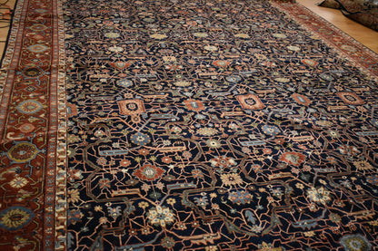 Indian Serapi Rug, 11'10" x 18'5", in brick, burgundy, ivory and navy