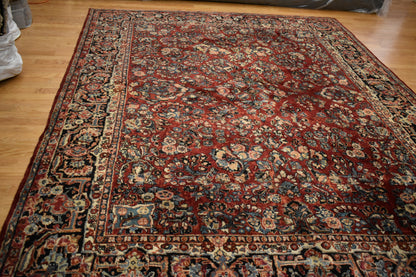 Antique Persian Sarouk Rug, 9' x 12', in burgundy, navy and red