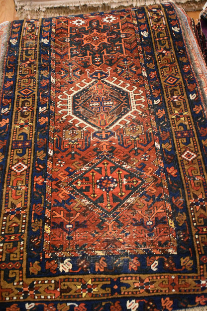 Antique Persian Karajh Runner, 3'1" x 5'9", in gold, navy, orange and red