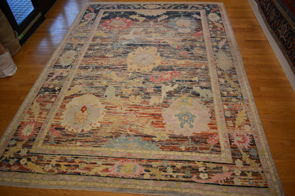 Afghan Oushak Rug, 8'11" x 12'3", in baby blue, blue and pink