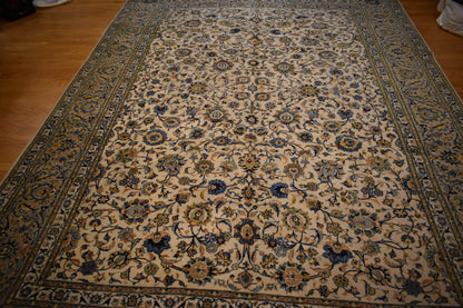 Vintage Persian Kashan Rug, 10'5" x 14'5", in blue, ivory and yellow