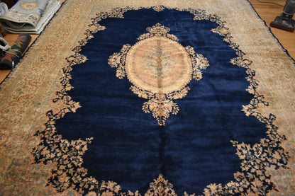 Vintage Persian Kerman Rug, 12' x 15'10", in ivory, navy and pink