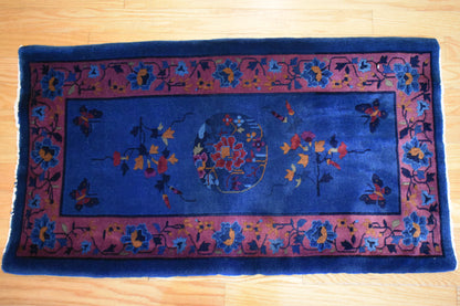 Antique Sino Chinese Walter Nichols Deco Rug, 2'1" x 3'9", in blue, gold and pink