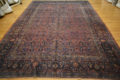Antique Persian Kashan Rug, 9'5" x 13'2", in blue, burgundy, navy and salmon