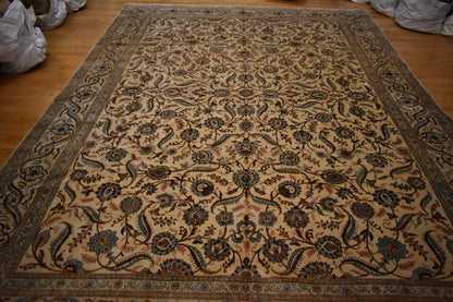 Vintage Persian Kashan Rug, 10'5" x 14'3", in beige, navy and teal