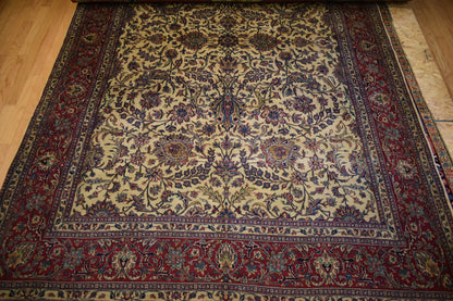 Antique Persian Lavar Kerman Rug, 8'3" x 11'10", in baby blue, burgundy, cream and ivory