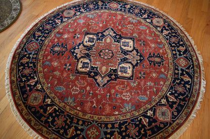 Indian Heriz Serapi Rug, 6' x 6', in brick, gold, ivory and navy