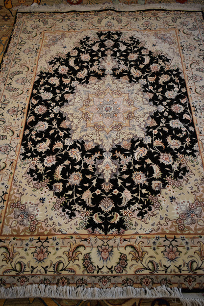 Persian Tabriz Rug, 4'10" x 6'10", in black and ivory