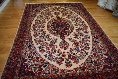 Vintage Persian Moud Rug, 6'11" x 10'5", in blue, burgundy and ivory