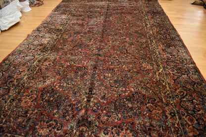 Antique Persian Sarouk Runner, 8'9" x 18'4", in blue, burgundy, gold and navy
