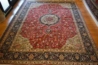 Persian Tabriz Rug with Silk, 10' x 13'1", in baby blue, ivory, navy and pink