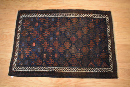 Antique Persian Baluch Rug, 3' x 4'3", in blue, brown and rust