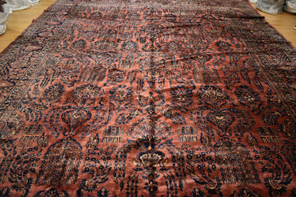 Antique Persian Sarouk Rug, 12'2" x 19'2", in burgundy, gold, navy and pink