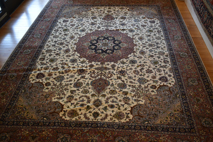 Persian Tabriz Rug with Silk, 9'11" x 13'6", in ivory, navy, pistachio and plum