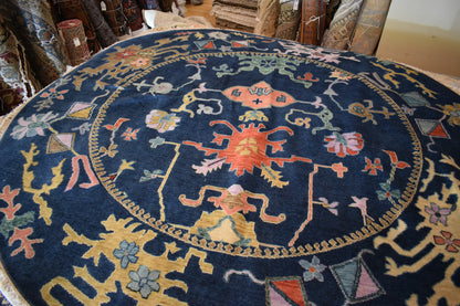 Indian Oushak Rug, 10' x 10', in baby blue, blue, purple and salmon
