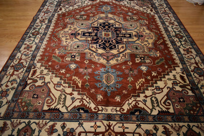 Indian Heriz Serapi Rug, 9'11" x 13'10", in brick, cream, green and ivory