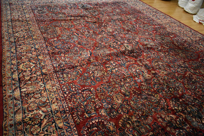 Antique Persian Sarouk Rug, 12' x 16'6", in baby blue, navy, red and salmon