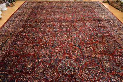 Antique Persian Sarouk Rug, 12' x 16'6", in baby blue, navy, red and salmon - photo 2