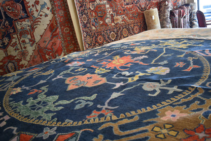 Indian Oushak Rug, 10' x 10', in baby blue, blue, purple and salmon - photo 5