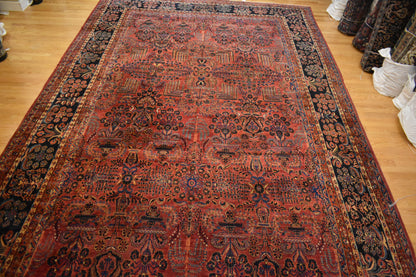 Antique Persian Sarouk Mohjaran Rug, 11'6" x 24'4", in blue, burgundy, navy and red