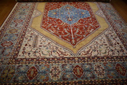 Afghan Serapi Rug, 9'2" x 11'9", in ivory, red and yellow